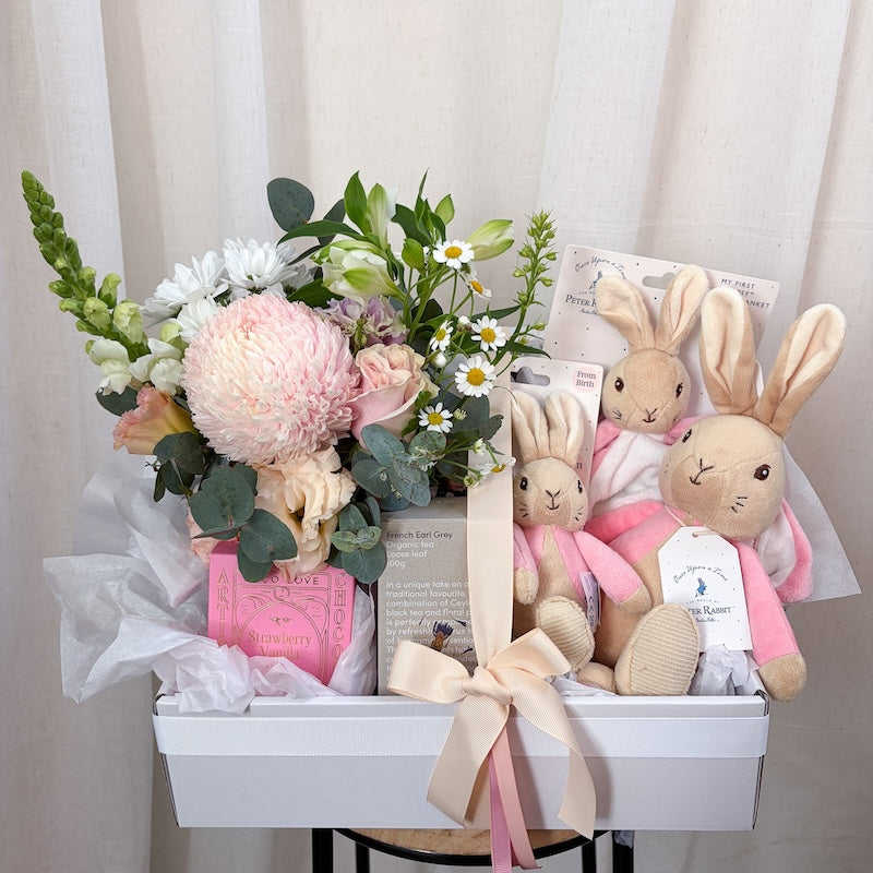 My Flopsy Bunny baby bundle — new baby girl flower hamper with a soft bunny toy