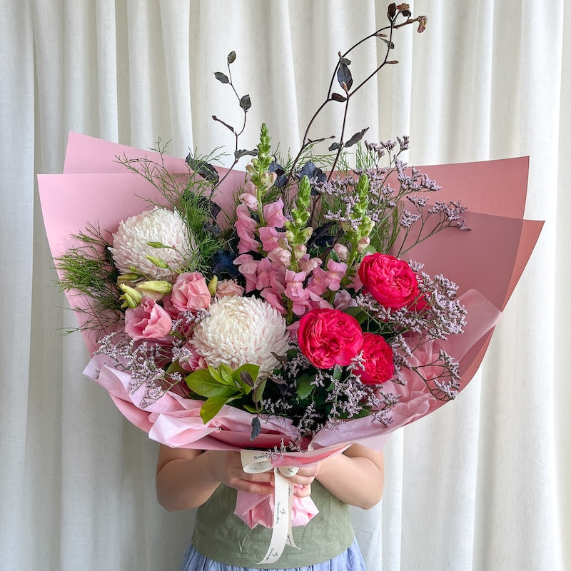 Strawberry Milkshake bouquet with pink roses, chrysanthemum disbuds and snapdragons
