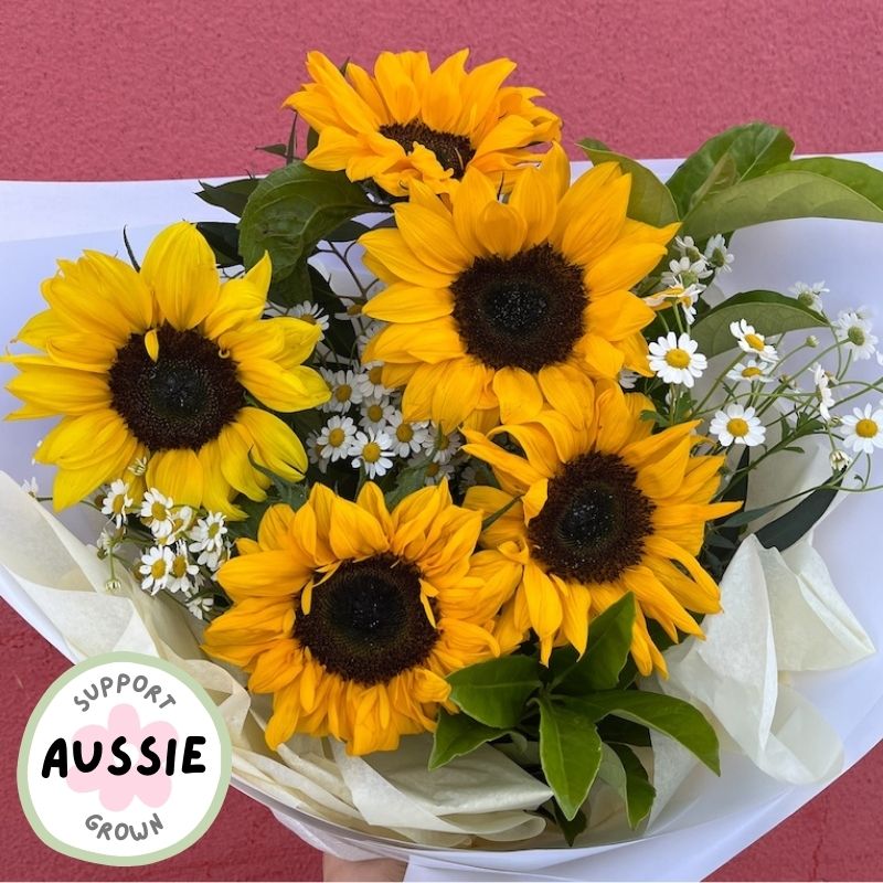 Australia grown sunflowers and seasonal flowers in a bouquet