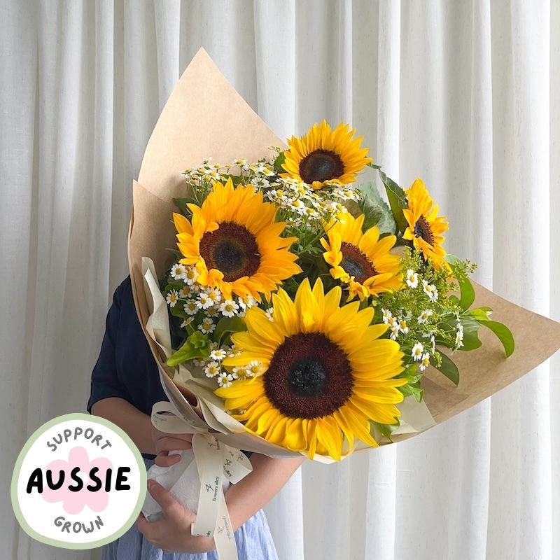 Australia grown sunflowers and seasonal flowers in a bouquet