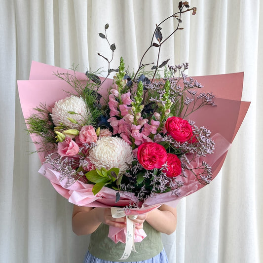 Strawberry Milkshake bouquet with pink roses, chrysanthemum disbuds and snapdragons