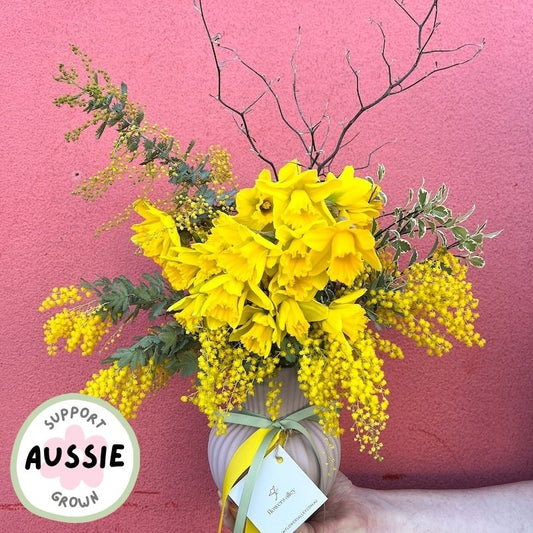 locally grown daffodils flowers in a ceramic vase