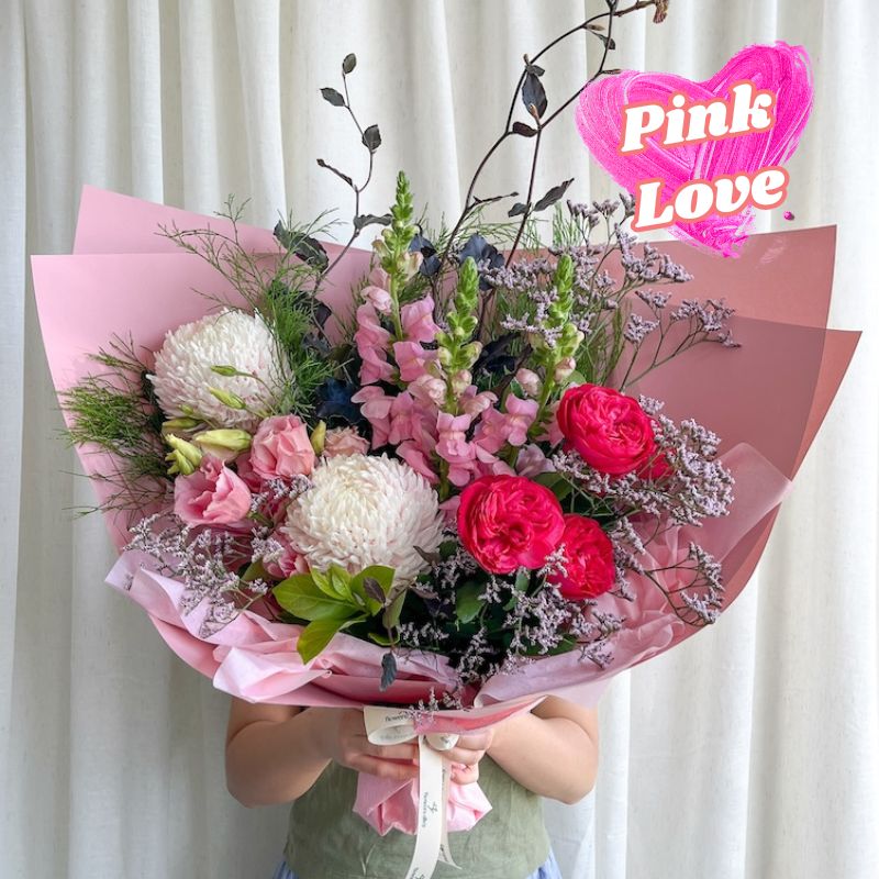 Strawberry Milkshake bouquet with pink roses, chrysanthemum disbuds and snapdragons