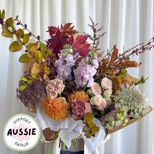 Autumn Harvest flower bouquet featuring dahlias and roses for Melbourne flower delivery