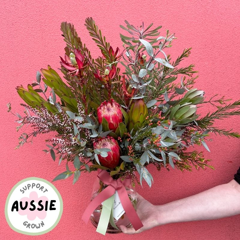 Australian native flowers with banksia and protea, the style made at the Flowers Alley native workshop in Cheltenham
