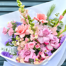 Load image into Gallery viewer, colourful pastel roses and seasonal flower bouquet
